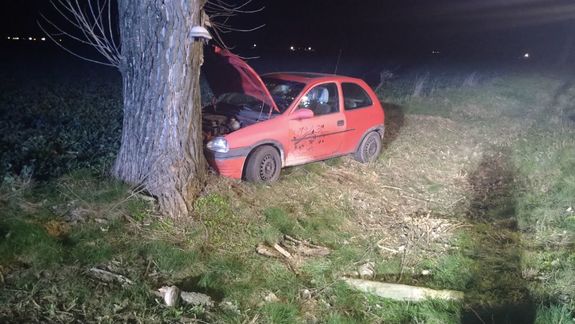 Samochód osobowy koloru czerwonego, którego kierowca nie dostosował prędkości do warunków ruchu i uderzył w przydrożne drzewo.