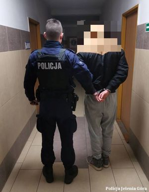 Policjant prowadzi zatrzymanego