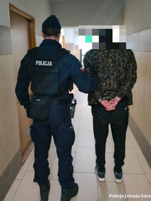 Policjant prowadzi zatrzymanego