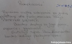 Podziękowania dla dzielnicowego z Komisariatu II Policji w Jeleniej Górze za wzorową służbę i wsparcie mieszkańców