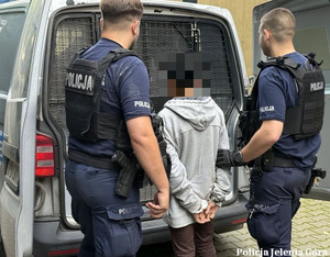 Policjanci wprowadzają zatrzymaną do radiowozu