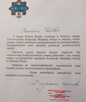 Życzenia Komendanta Miejskiego Policji w Jeleniej Górze