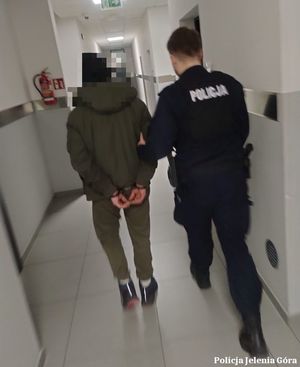 Policjant prowadzi zatrzymanego