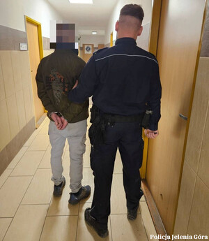 Policjant prowadzi zatrzymanego