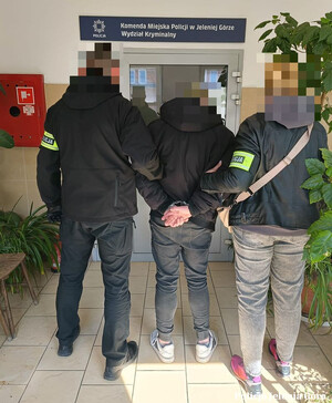 Policjanci prowadzą zatrzymanego