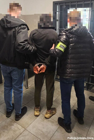 Policjanci prowadzą zatrzymanego