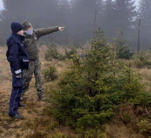 Dzielnicowa ze strażnikiem sprawdzają czy nie dochodzi do kradzieży choinek