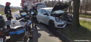 Pojazd Renault po uderzeniu w drzewo na miejscu policjanci i strażacy