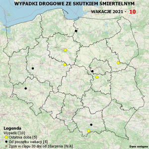 Policyjna mapa wypadków drogowych ze skutkiem śmiertelnym – Wakacje 2021